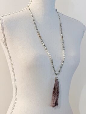 LOFT Bohemian Beaded Tassel Long Necklace in Gray and White